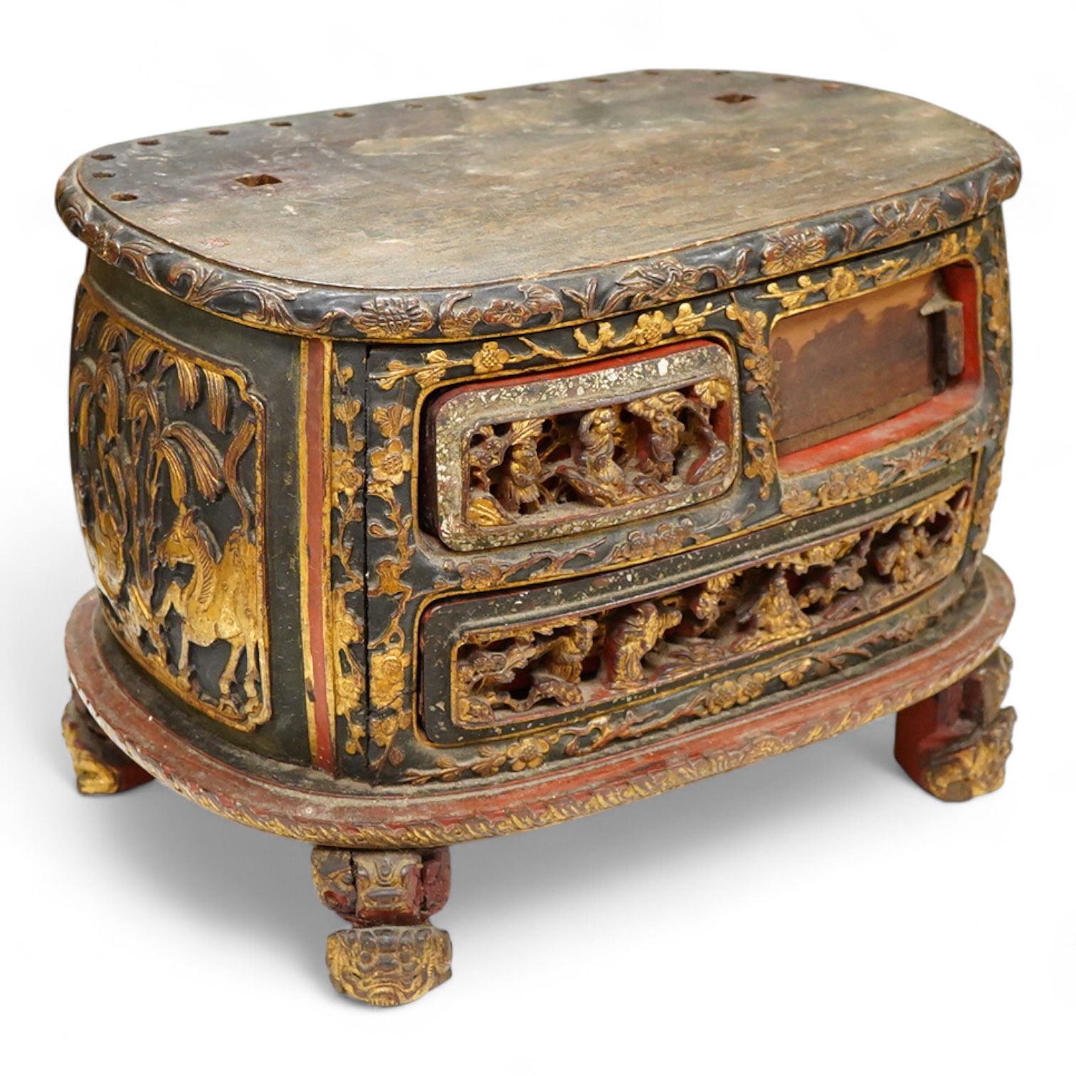 A Chinese carved carved and giltwood stand containing drawers, 38cm wide